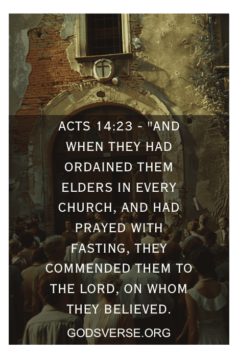 Pessoas em pé em frente a uma igreja danificada com um versículo bíblico de Atos 14:23 e uma URL, godsverse.org.