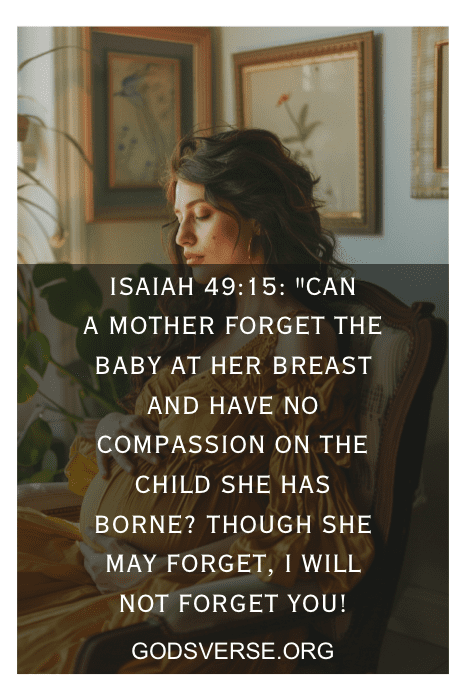 Uma mulher segurando sua barriga de grávida com uma sobreposição do texto de Isaías 49:15 e o site godsverse.org na parte inferior.