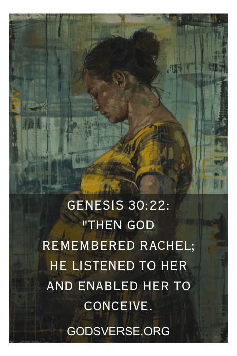 Uma mulher grávida com um top amarelo, texto sobreposto lendo Gênesis 30:22 sobre Deus se lembrar de Raquel, de godsverse.org.