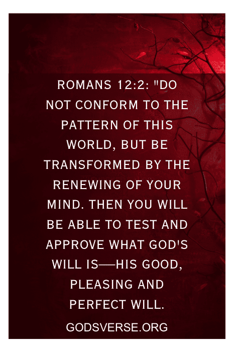 Fundo vermelho com um versículo bíblico de Romanos 12:2 em texto branco, perfeito para quem procura versículos bíblicos sobre inveja. "godsverse.org" é exibido na parte inferior.