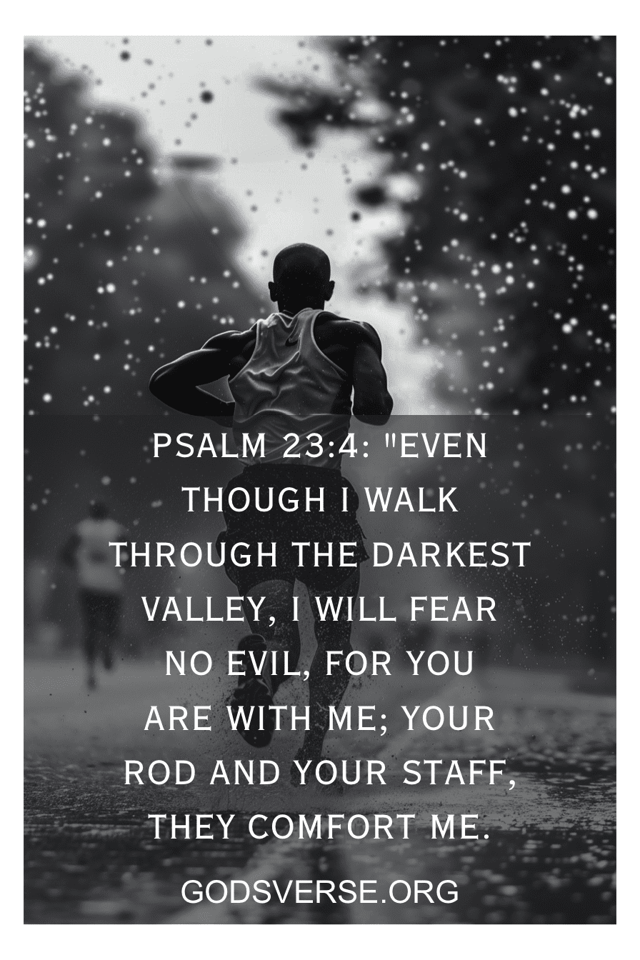 Silhouette of a runner in the rain with Psalm 23:4 — even though I walk through the darkest valley I will fear no evil — a powerful Bible verse for runners hitting the wall.