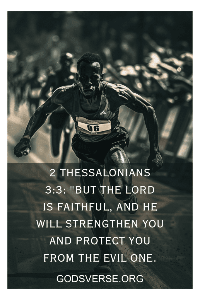 Um corredor em uma corrida com o texto "2 Tessalonicenses 3:3" e uma citação sobre a força e a proteção do Senhor, parte dos inspiradores versículos bíblicos sobre não desistir.
