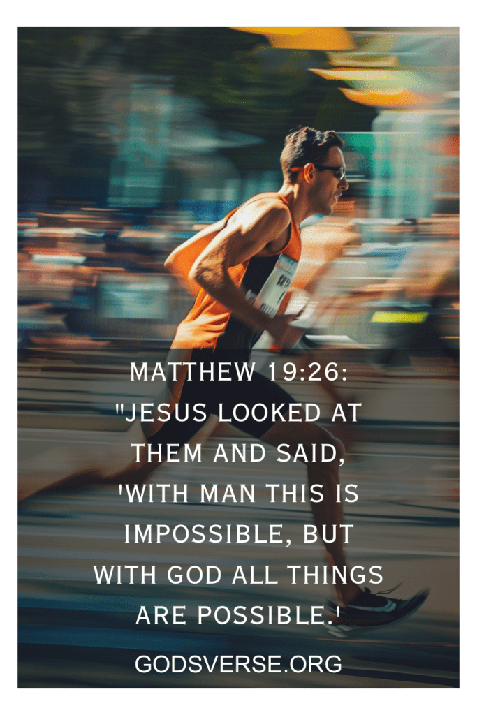 Um corredor com uniforme laranja e preto, exibindo o versículo bíblico Mateus 19:26 e o URL de um site na imagem, serve como um lembrete inspirador dos versículos bíblicos sobre não desistir.