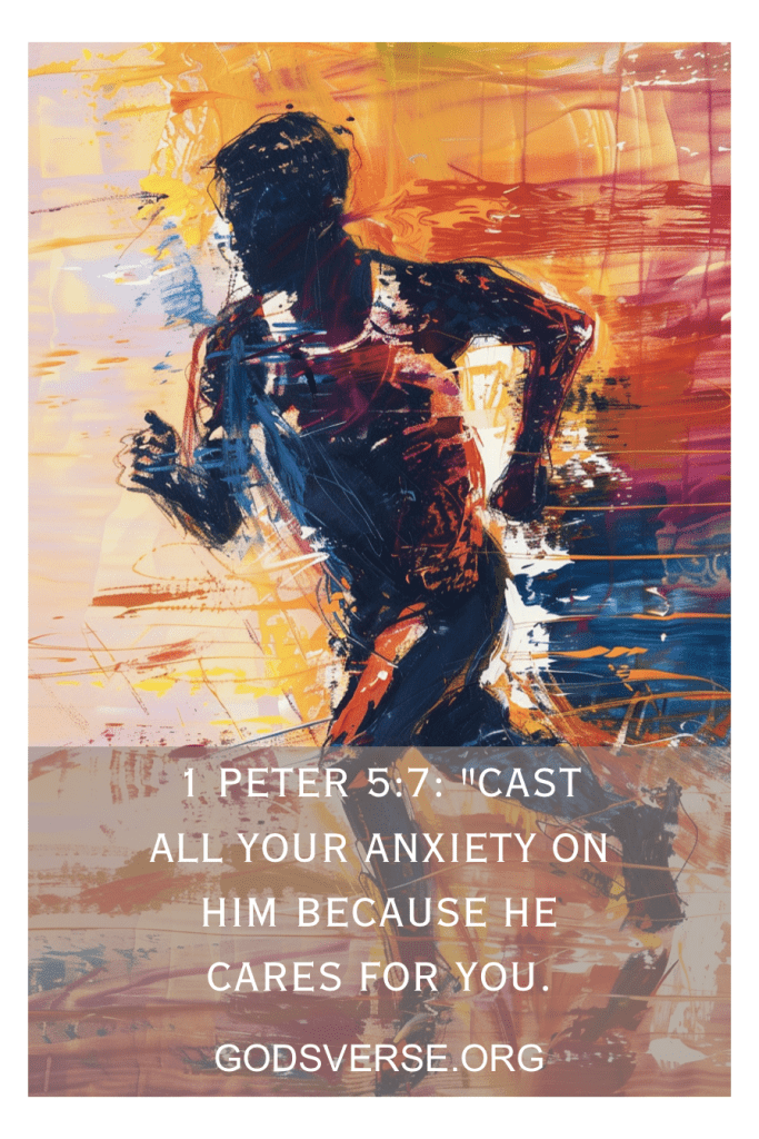 Pintura abstrata de uma pessoa correndo com um versículo bíblico: "1 Pedro 5:7: 'Lancem sobre ele toda a sua ansiedade, porque ele tem cuidado de vocês'". Essa obra de arte captura lindamente o espírito dos versículos bíblicos sobre não desistir.