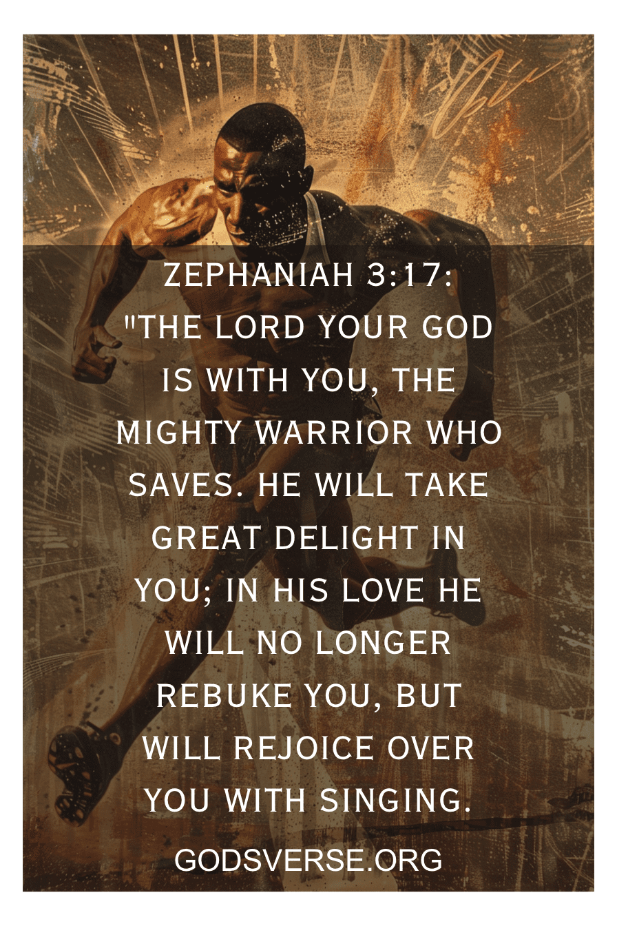 A runner with a determined expression and scripture Zephaniah 3:17 — the Lord your God is with you, the mighty warrior who saves — a powerful Bible verse for Christian runners.