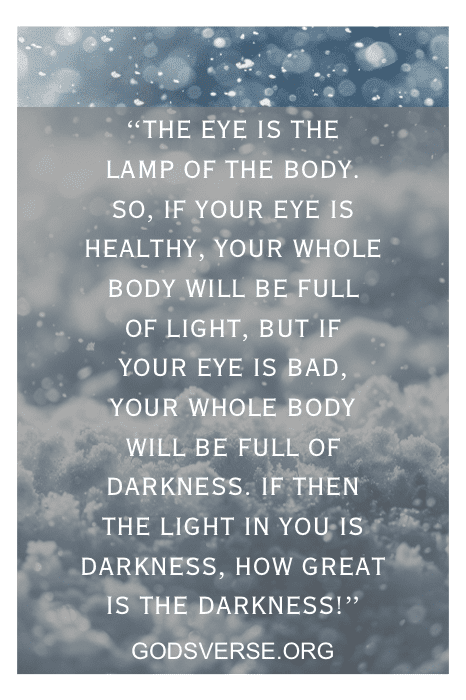 Um fundo de neve com o texto: "The eye is the lamp of the body..." (O olho é a lâmpada do corpo...), seguido pelo URL do site: godsverse.org, oferece uma visão dos versículos bíblicos sobre luxúria e adultério.
