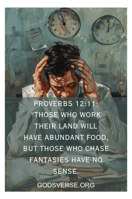 A person looks stressed at a desk with papers and clocks. Text overlay: Proverbs 12:11 and a website link for Bible Verses for Stress at Work.