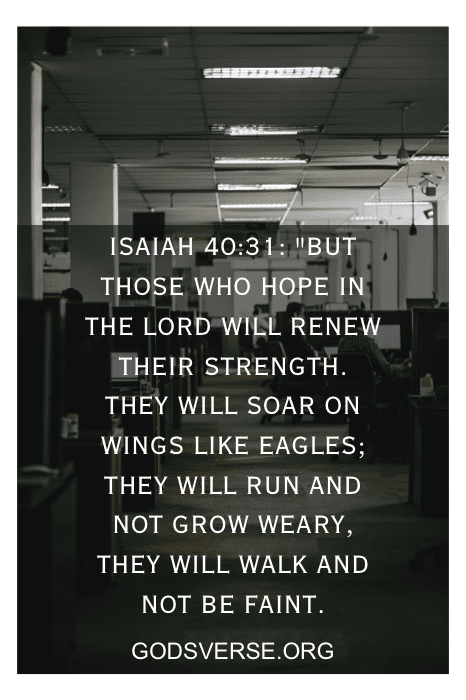 A dimly lit office with a Bible verse from Isaiah 40:31 overlaid on the image offers serene inspiration, perfect as one of the Bible verses for stress at work.