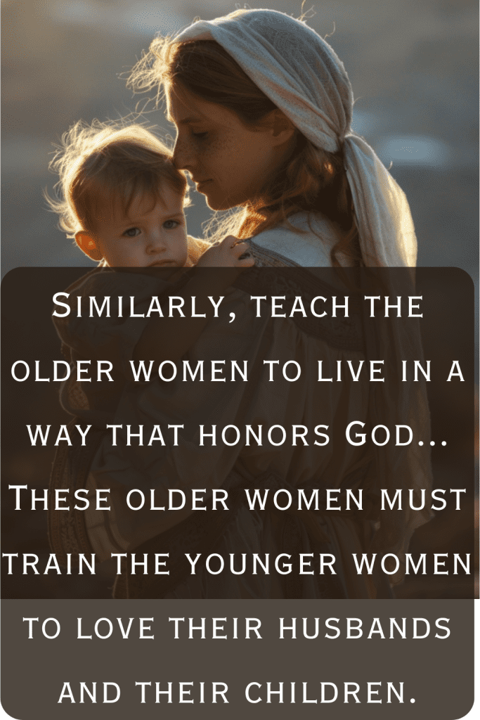 Uma mulher segura uma criança com sobreposição de texto sobre como ensinar mulheres mais velhas a amar suas famílias e a viver de uma forma que honre a Deus, inspirando-se em versículos bíblicos sobre Mães e Filhos.