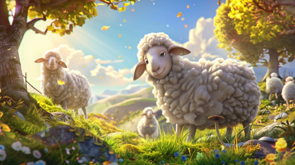 Una serena escena campestre con esponjosas ovejas pastando en un prado vibrante bajo un cielo brillante y soleado ofrece el escenario perfecto para cuentos infantiles para la iglesia.