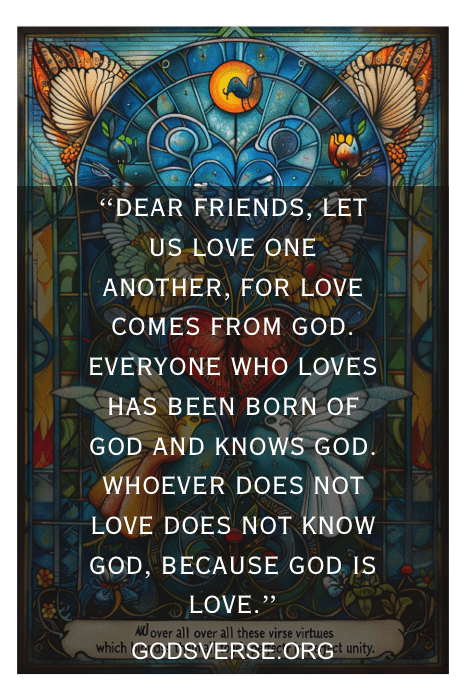 Vitral com um versículo bíblico de 1 João 4:7-8 sobre o amor e Deus, tornando-o perfeito como um versículo bíblico para o Dia dos Namorados.