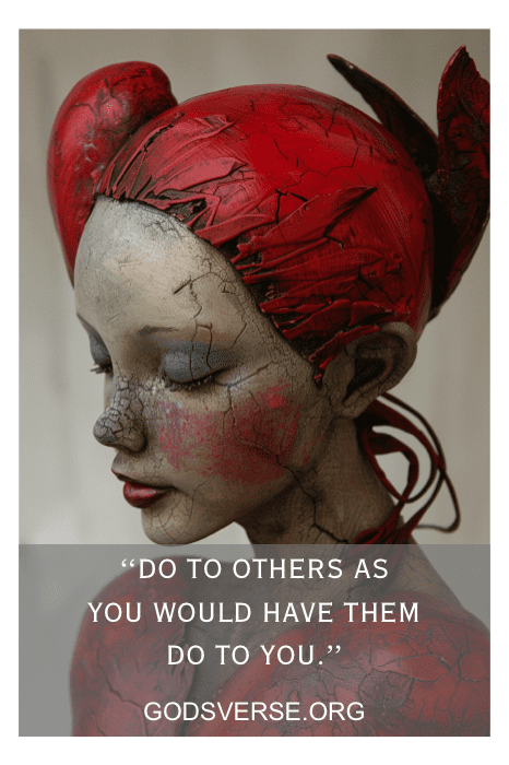 Escultura da cabeça de uma mulher com cabelos pintados de vermelho e pele rachada. O texto diz "Faça aos outros o que você gostaria que fizessem a você", um versículo bíblico atemporal perfeito para refletir no Dia dos Namorados.