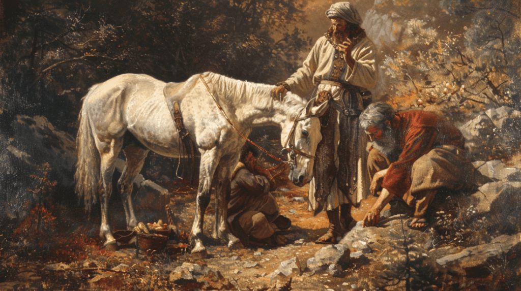 Dos hombres y un niño con un caballo blanco en una zona rocosa y boscosa; un hombre examina el suelo mientras el otro está de pie. Esta escena podría pertenecer a uno de esos conmovedores cuentos infantiles para la iglesia que enseñan valiosas lecciones de vida.