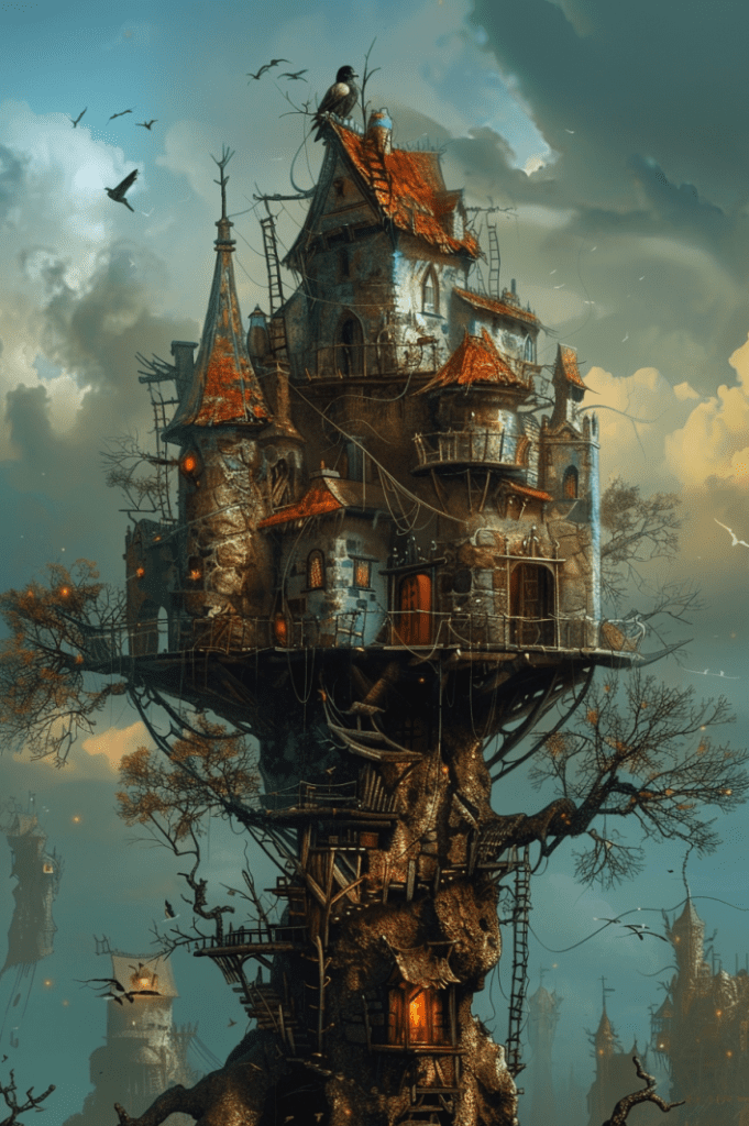 Caprichosa casa en un árbol con múltiples torrecillas y ventanas en un entorno de fantasía, rodeada de pájaros y nubes, perfecta para inspirar cuentos infantiles para la iglesia.