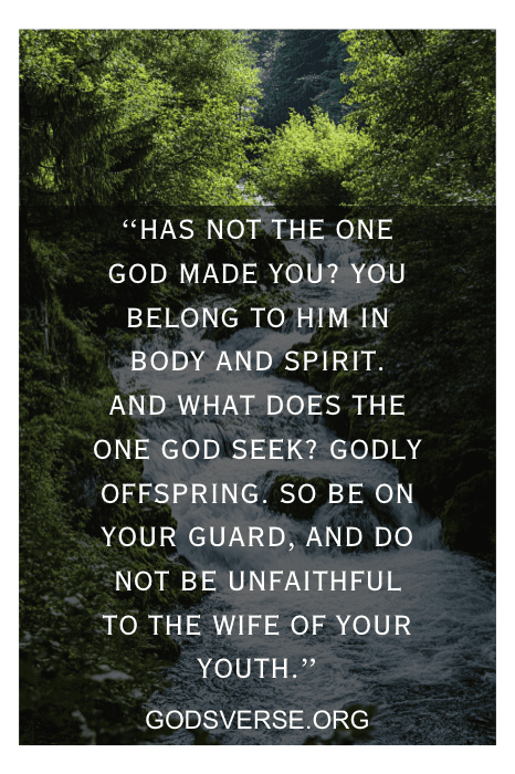 Text over a forest waterfall background: "Has not the one God made you? You belong to him in body and spirit..." - God Hates Divorce Verse.