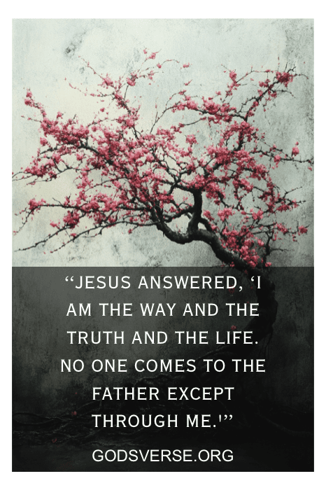 Uma árvore com flores cor-de-rosa acompanha uma citação do site godsverse.org, destacando Jesus como o caminho, a verdade e a vida - incorporando profundamente os versículos sobre a vida.