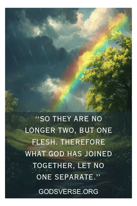 A rainbow over a lush landscape with a Bible quote about unity and marriage, reminding us of the verse: "God hates divorce.