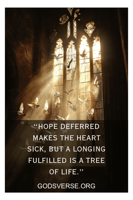 A luz do sol atravessa a janela da antiga capela, iluminando pombas e a citação "Hope deferred... tree of life" (Esperança adiada... árvore da vida), um lembrete pungente entre os versos sobre a vida.