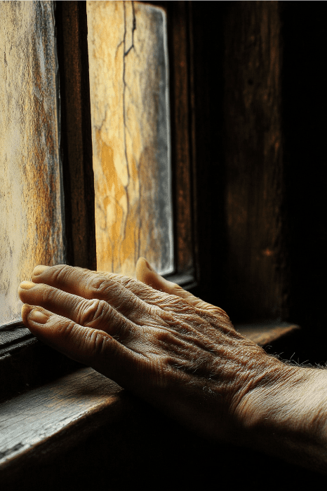 Uma mão idosa apoiada em uma moldura de janela, com a luz fluindo através do vidro texturizado, lançando sombras quentes, parece um momento de contemplação - uma reflexão tranquila semelhante a mensagens curtas para reuniões de oração.