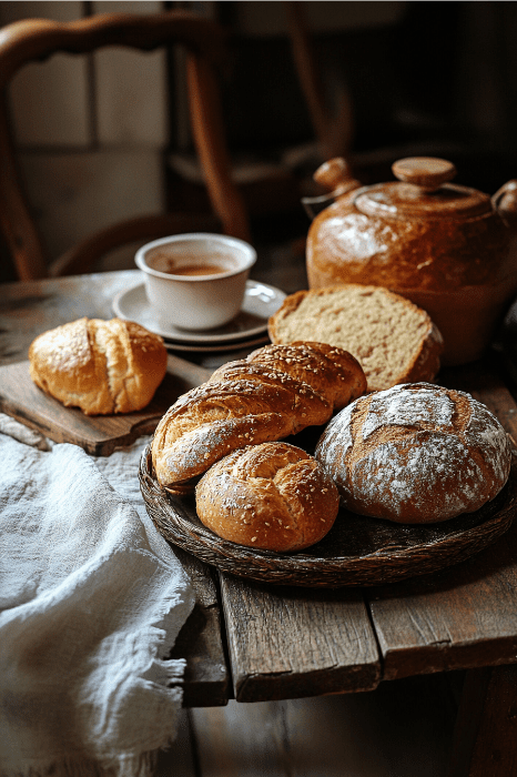 Uma cena de mesa rústica perfeita para mensagens curtas durante reuniões de oração, com vários pães, uma xícara de café, um bule de chá e um guardanapo de pano.