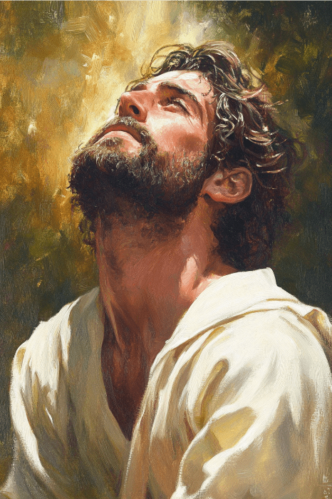 Uma pintura de um homem barbudo olhando para cima em adoração, vestindo uma túnica branca com luz iluminando seu rosto contra um fundo escuro.