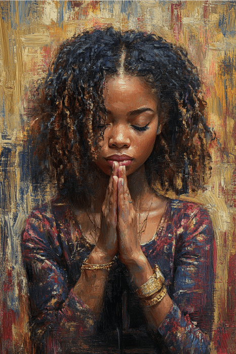 Uma mulher com cabelos cacheados e mãos entrelaçadas parece contemplativa, como se estivesse em profunda oração. O plano de fundo é um padrão colorido de pinceladas, que lembra jogos lúdicos para atividades da Escola Dominical.