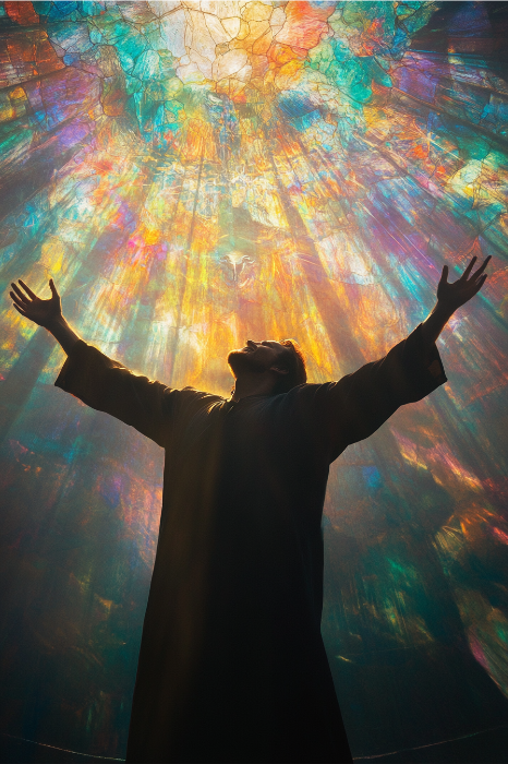 Uma pessoa vestida com uma túnica fica de braços erguidos sob uma cúpula de vitral colorido, invocando orações serenas enquanto a luz flui para baixo.
