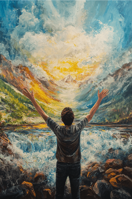 Uma pessoa com os braços erguidos está em adoração diante de uma paisagem vibrante e montanhosa, onde um céu brilhante e um rio caudaloso pintam um quadro sereno.