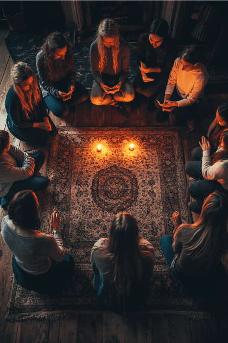 As pessoas sentadas em um círculo ao redor de um tapete estampado fazem uma oração cuidadosa, com três velas acesas no centro, criando uma atmosfera que lembra as reuniões da Escola Dominical.