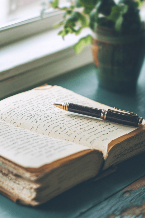 Um livro aberto com um texto escrito à mão e uma caneta apoiada nele fica ao lado da janela, por onde a luz do sol passa, lançando sombras suaves em um vaso de plantas - um ambiente sereno perfeito para planejar jogos de oração envolventes para a Escola Dominical.
