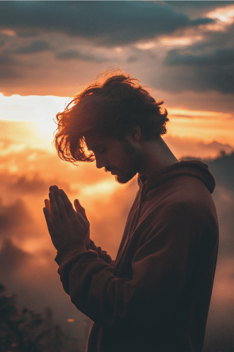 A person with hands together, silhouetted against a sunset sky with clouds, embodies a silent prayer for revival in the church.