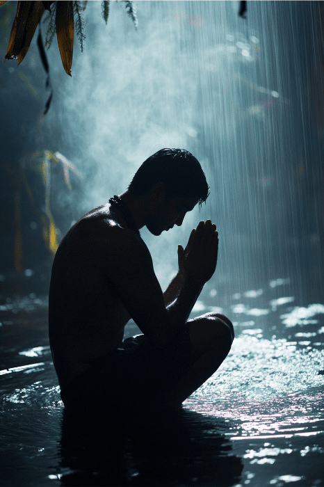 Silhouette of a person kneeling in a shallow pool, hands pressed together in earnest prayers for their church family, as rain gently cascades around them.