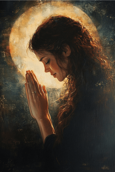 In a dark setting, a woman with long hair prays fervently, hands together and illuminated by a halo-like light, embodying a silent prayer for revival in the church.