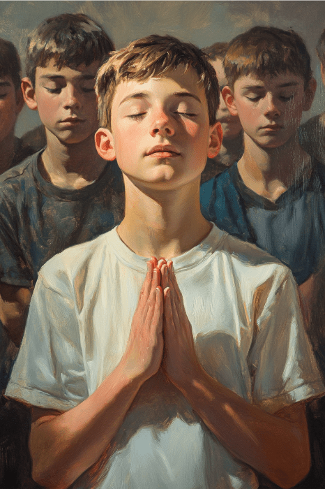 A boy in a white shirt stands with eyes closed and hands clasped in prayer for revival in the church, while others meditate quietly in the background.