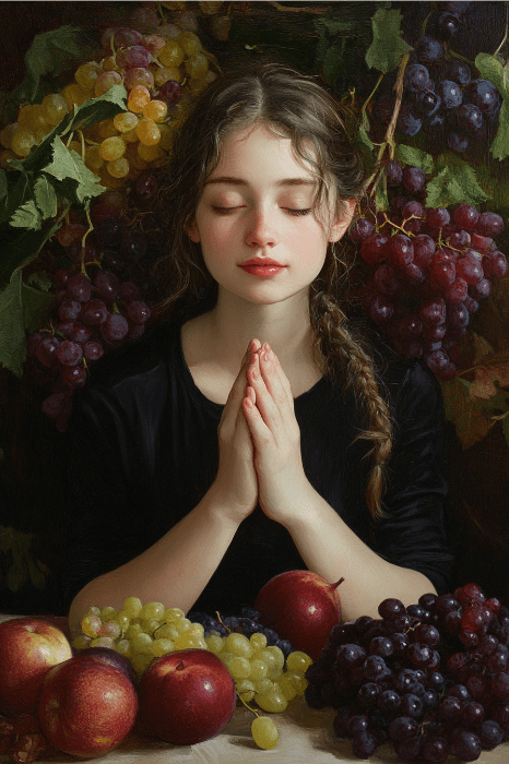 A young woman with braided hair stands in serene contemplation, her eyes closed and hands gently pressed together, as if offering prayers for her church family. She is surrounded by an abundance of grapes and apples, evoking a sense of peace and unity.
