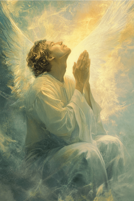 An ethereal angel with wings kneels, offering prayers for a church family. Clasped hands reflect devotion, while a warm, glowing light bathes the scene in divine serenity.
