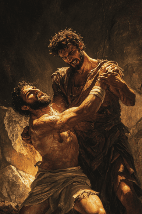 In a dimly lit setting, reminiscent of the timeless tales of the sons of Adam and Eve in the Bible, two men engage in a dramatic struggle, with one overpowering the other.