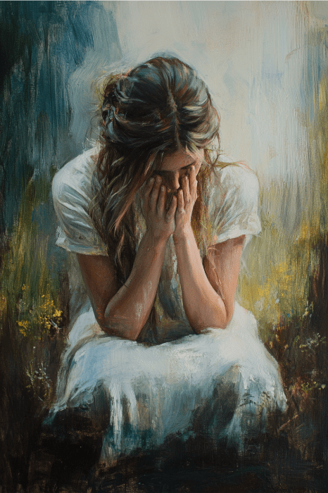 Uma pintura de uma mulher em um vestido branco, com o rosto enterrado nas mãos, como se estivesse perdida em uma oração profunda, cercada por um fundo temperamental e texturizado.