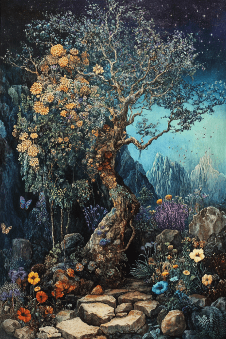 An enchanted tree, reminiscent of Eden, stands amidst vibrant flowers