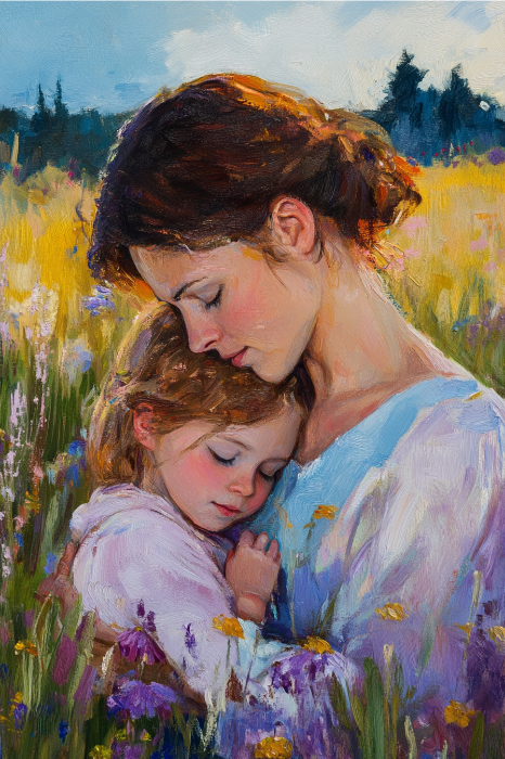 A mother and child share a heartfelt embrace in a sunlit meadow filled with wildflowers, echoing the warmth of Mother's Day poems celebrated in church.