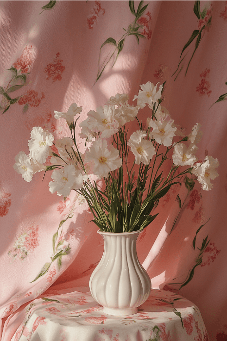 White flowers in a ceramic vase against a pink floral-patterned fabric backdrop create a serene setting reminiscent of heartfelt Mother's Day poems for church.