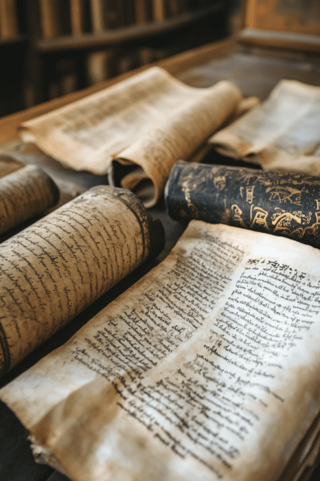 Ancient scrolls and manuscripts with handwritten text and symbols, reminiscent of the tales of the sons of Adam and Eve in the Bible, are spread out on a wooden table.