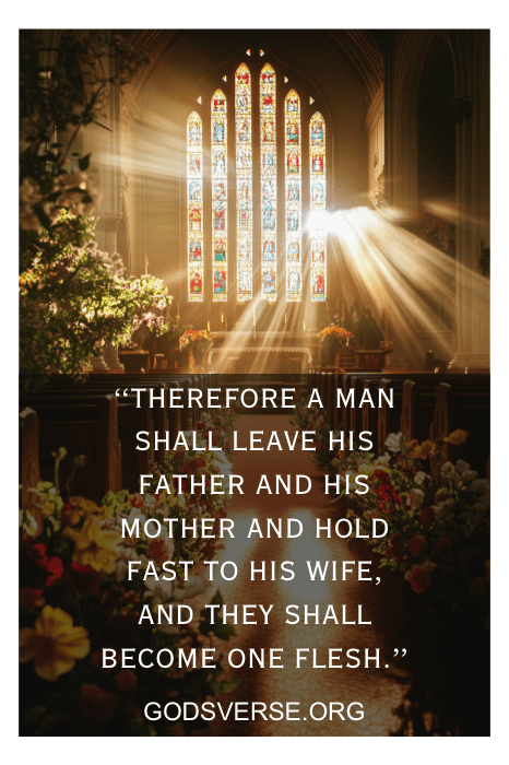 O interior de uma igreja iluminada pelo sol e adornada com flores destaca uma bênção matrimonial, com a escritura de Gênesis 2:24.