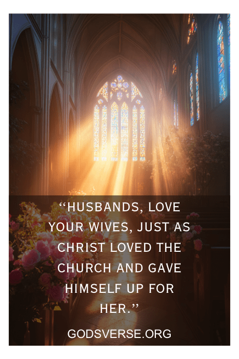 A luz do sol entra em uma igreja com uma citação sobreposta: "Maridos, amem suas esposas, assim como Cristo...", capturando a essência da bênção divina do casamento por meio das escrituras.