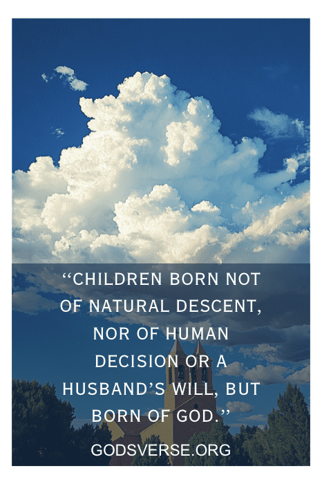 Large cloud over trees with a quote: "Children born of God, not human decision," combined with inspiring Child of God quotes. Below is the mention: "GODSVERSE.ORG.