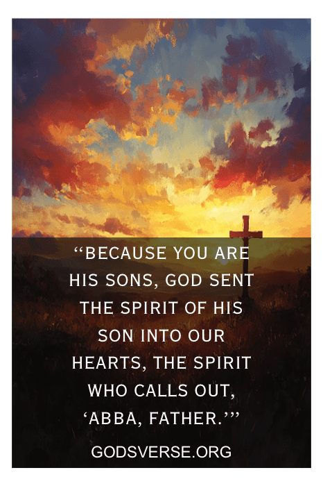 Sunset with vibrant colors, a cross silhouette, and an inspiring Child of God quote about God’s spirit from GODSVERSE.ORG.