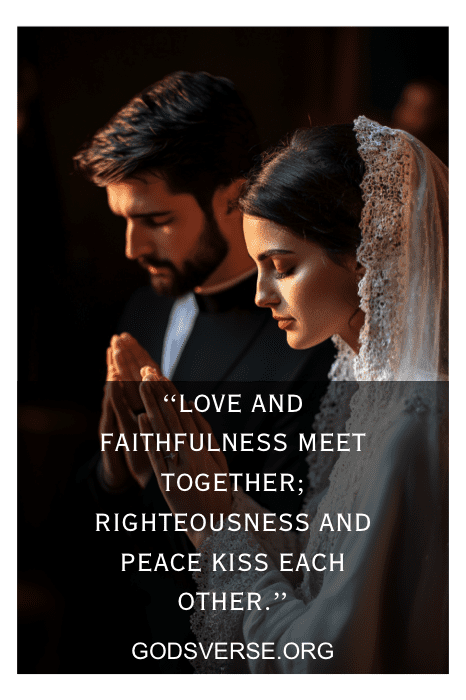 Noivos orando sob uma Bênção Matrimonial, com um versículo das escrituras sobre amor e fidelidade lindamente sobreposto.