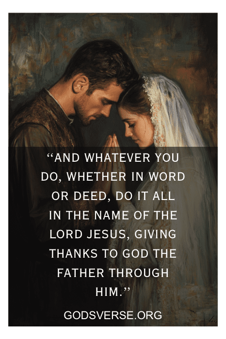 Um casal está junto, de olhos fechados, enquanto uma escritura sincera se sobrepõe à cena, oferecendo uma bênção matrimonial repleta de sabedoria e amor divinos.