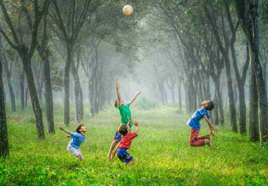 Cuatro niños, en un descanso de sus clases de acción de gracias para la iglesia infantil, lanzan una pelota en el frondoso y verde bosque. Están rodeados de árboles altos y una luz suave y brumosa que baila a su alrededor mientras juegan.