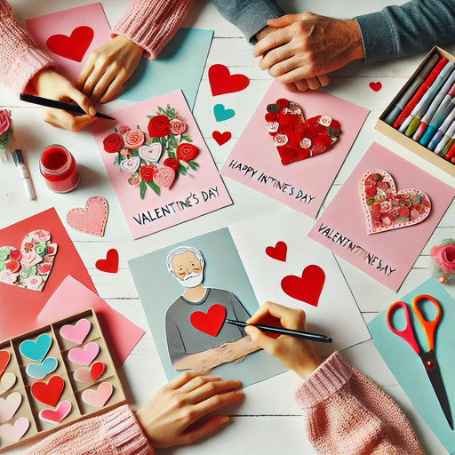Hands crafting Valentine's Day cards with hearts, candy, and a drawing—a perfect blend of creativity and love that could inspire thoughtful church ideas for the special occasion.